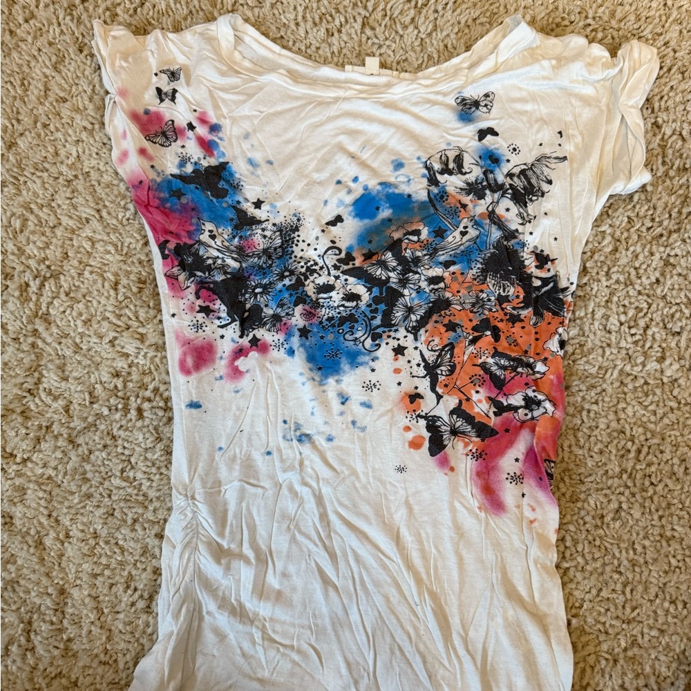 Warehouse Artistic Print Short Sleeve Top - White, Blue, Pink, Orange